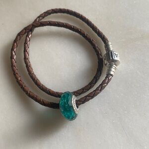 Pandora brown leather weave bracket and turquoise blue glass charm silver